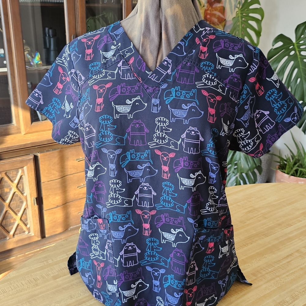 WonderWink Navy and Multicolor lllistrated Dog Print Scrub Top